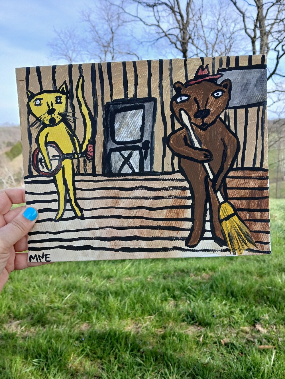 Bear Sweeping Porch Painting Folk Art
